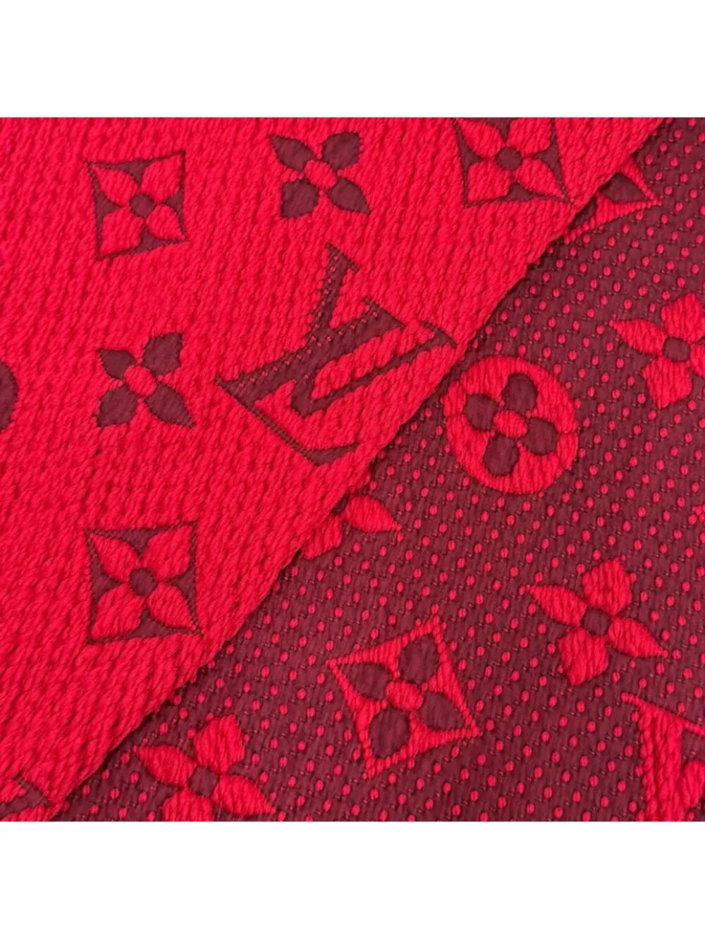 Louis Vuitton Echarpe Logo Mania Wool Silk Ruby Monogram Fringe Scarf